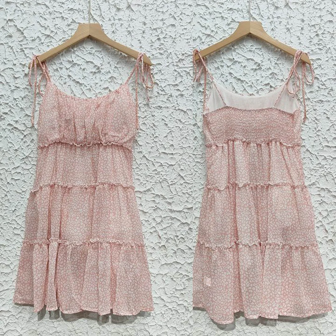 Sexy Chiffon Layer Ruffles Summer Strappy Dress Floral Print Holiday Backless Suspender Mini Dress