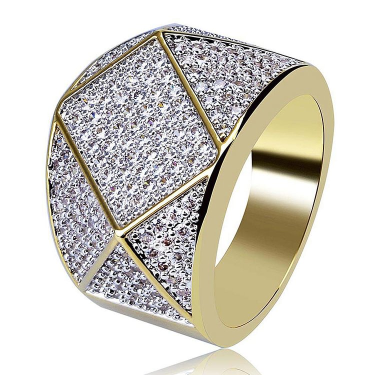 Men's Hip Hop Rapper Rings Luxury AAA CZ Rhinestone Gold Iced Out Square Ring Jewelry