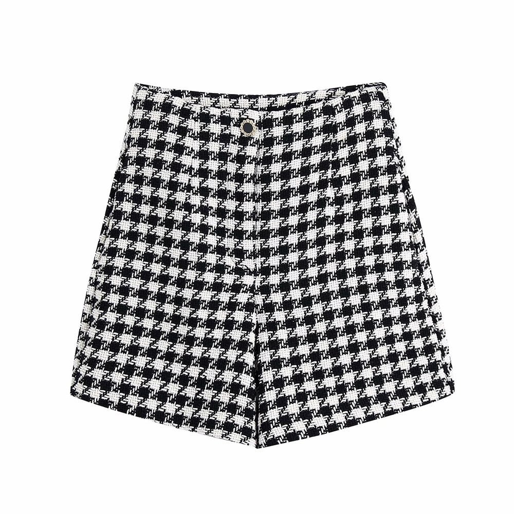 TRAF Women Fashion Houndstooth Tweed Bermuda Shorts Vintage High Waist Zipper Fly Female Short Pants Mujer