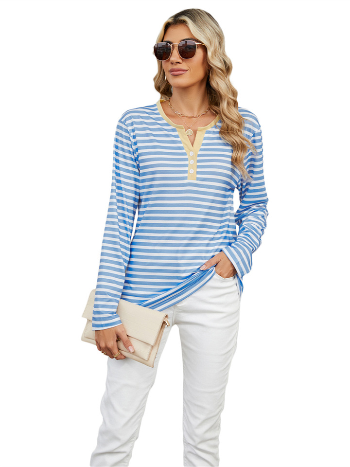 Women's New Fall and Winter V-neck Striped Loose Long-sleeved Ladies T-shirt