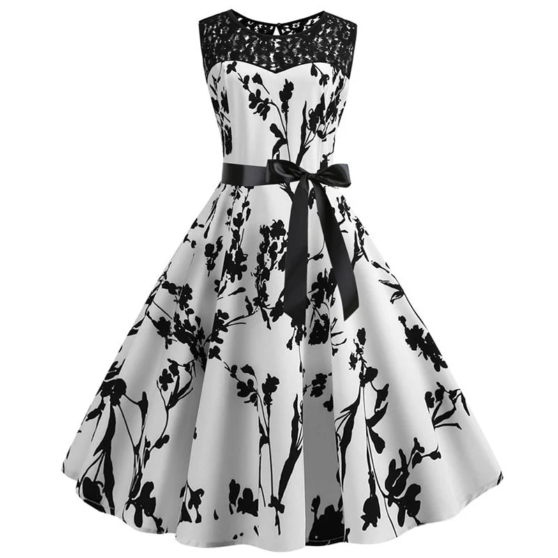 Lace Patchwork Floral Print Women Summer Dress Hepburn 50s 60s Elegant Vintage Dress Office Ladies A-Line Party Dresses Belt