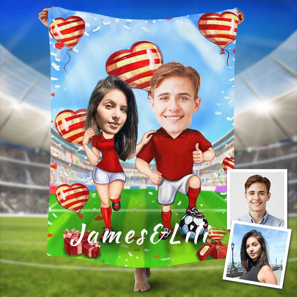 Custom Blankets Personalized Photo Blanket Soccer Player And Cheerleading Couple Painting Style Blanket