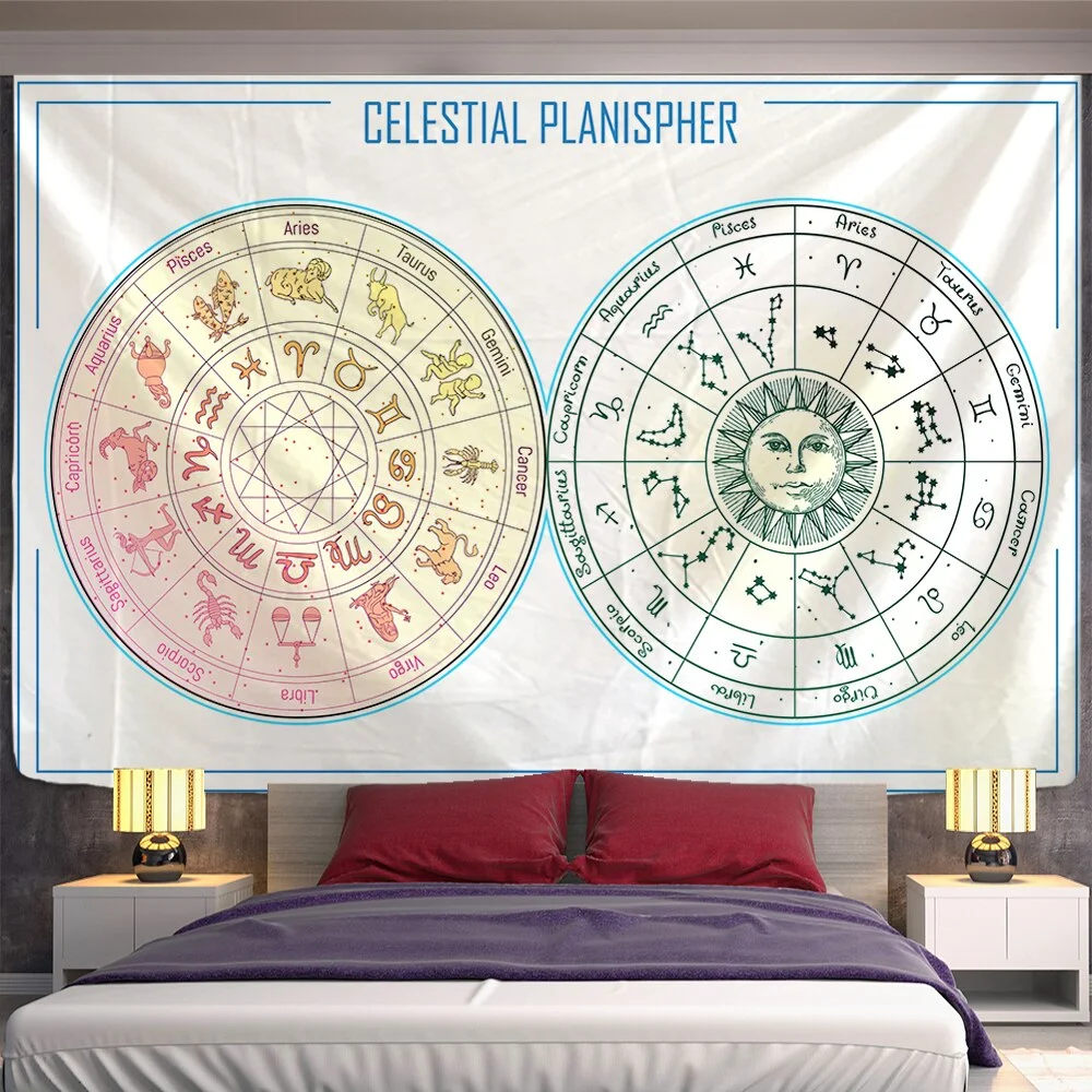 Sun Constellation Compass Mandala Tapestry Wall Hanging Celestial Wall Tapestry Hippie Wall Carpets Dorm Decor Psychedelic Tape