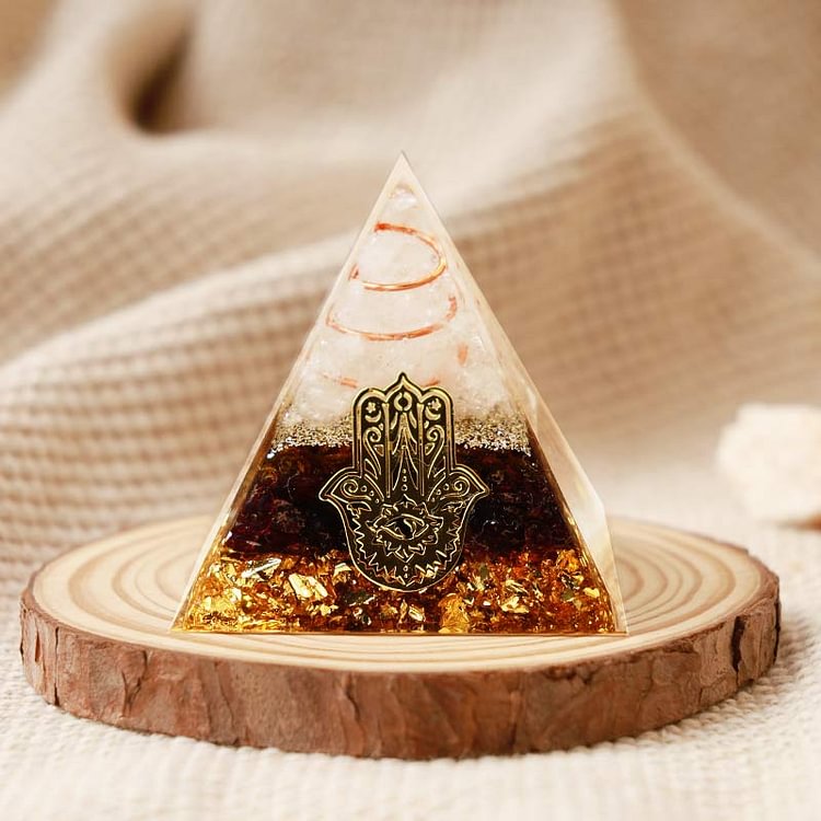 Clear Quartz With Black Tourmaline Hamsa Orgone Pyramid