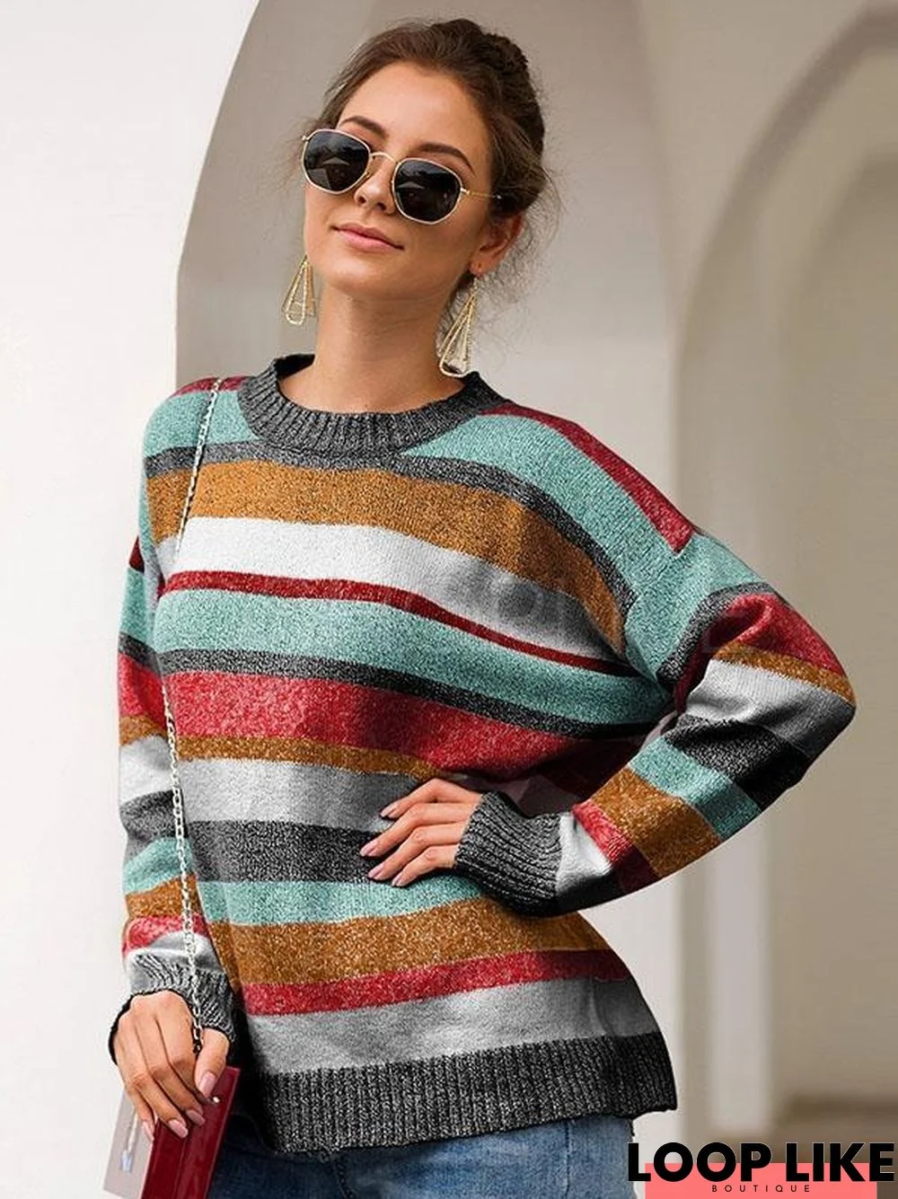 Two-Tone Flocked Striped Loose Sweater