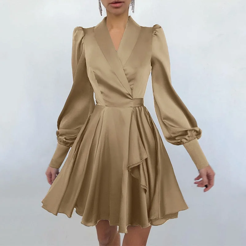 Elegant Women Satin Mini Dress 2021 Celmia Fashion Puff Sleeve Sexy Suit Collar Vestidos Bandage Pleated Party Dresses