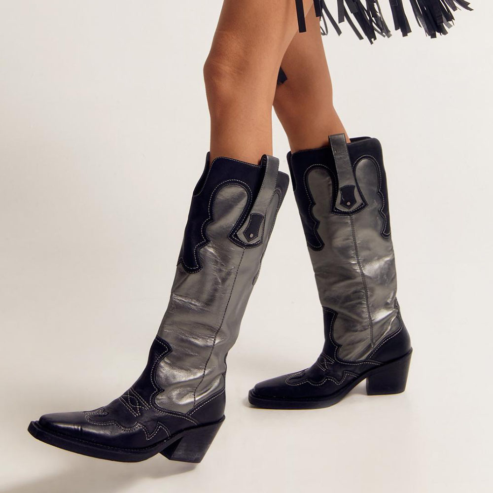 Black & Silver Metallic Vegan Leather Square Toe Wide Calf Cowboy Boots With Chunky Heels