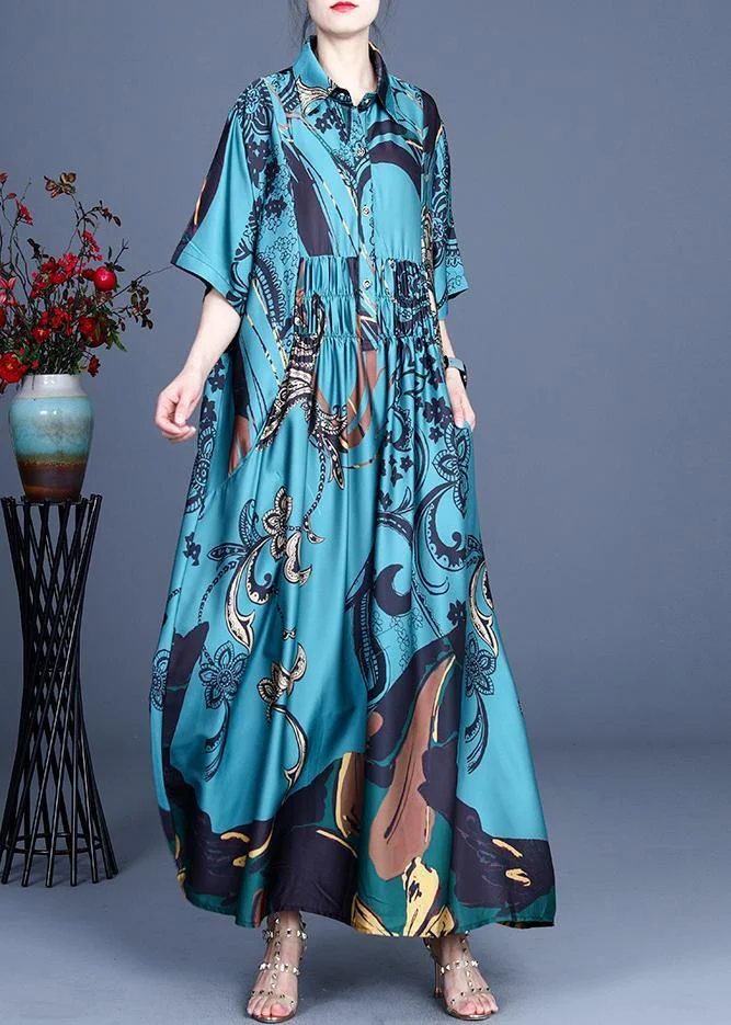 Natural Blue Print Silk Half Sleeve Dress Summer
