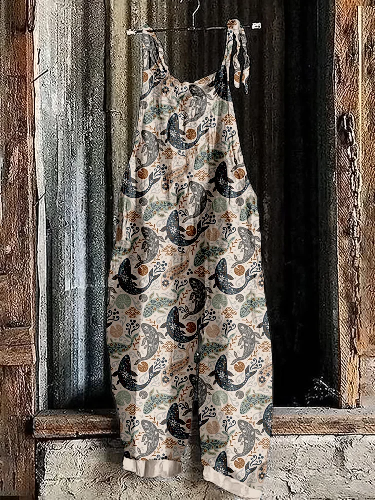 Floral Fish Pattern Linen Blend Loose Fit Jumpsuit