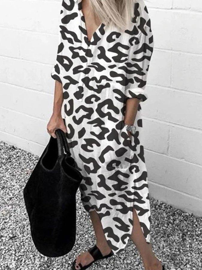 Print Shirt Collar Long Sleeve Dresses