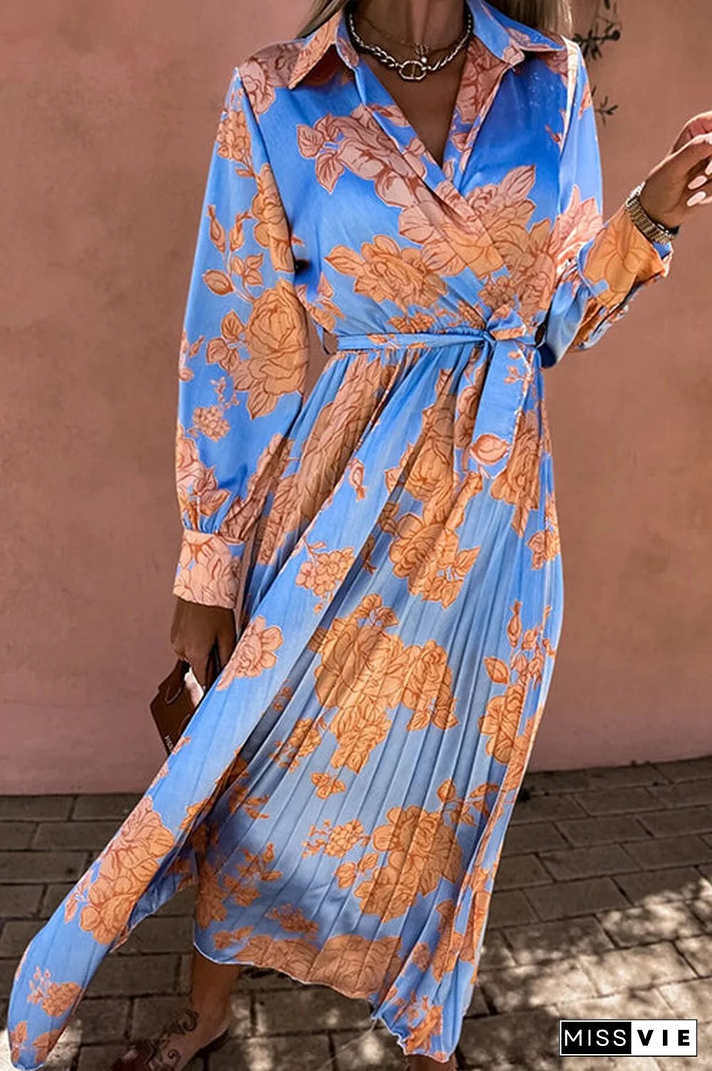 Floral Belted Long Sleeve Maxi Dress