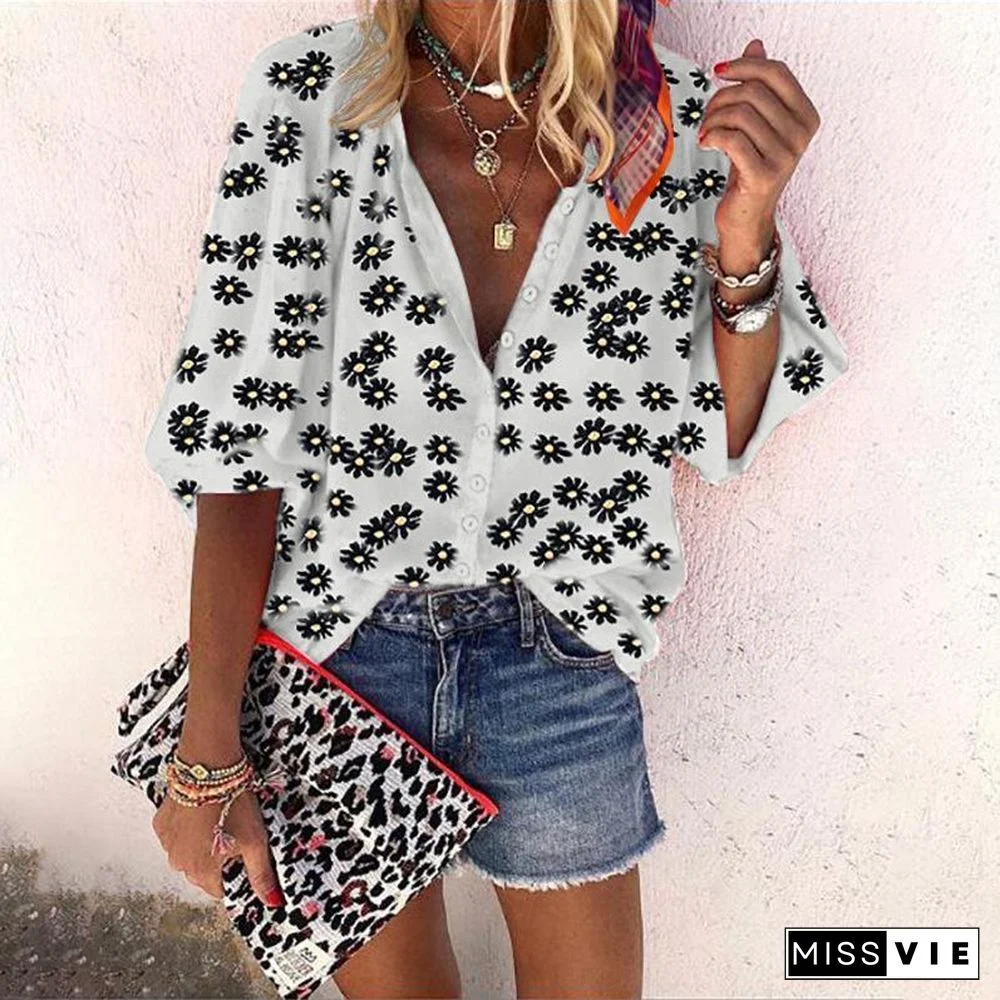 Lapel Chiffon Flower Printed Shirt