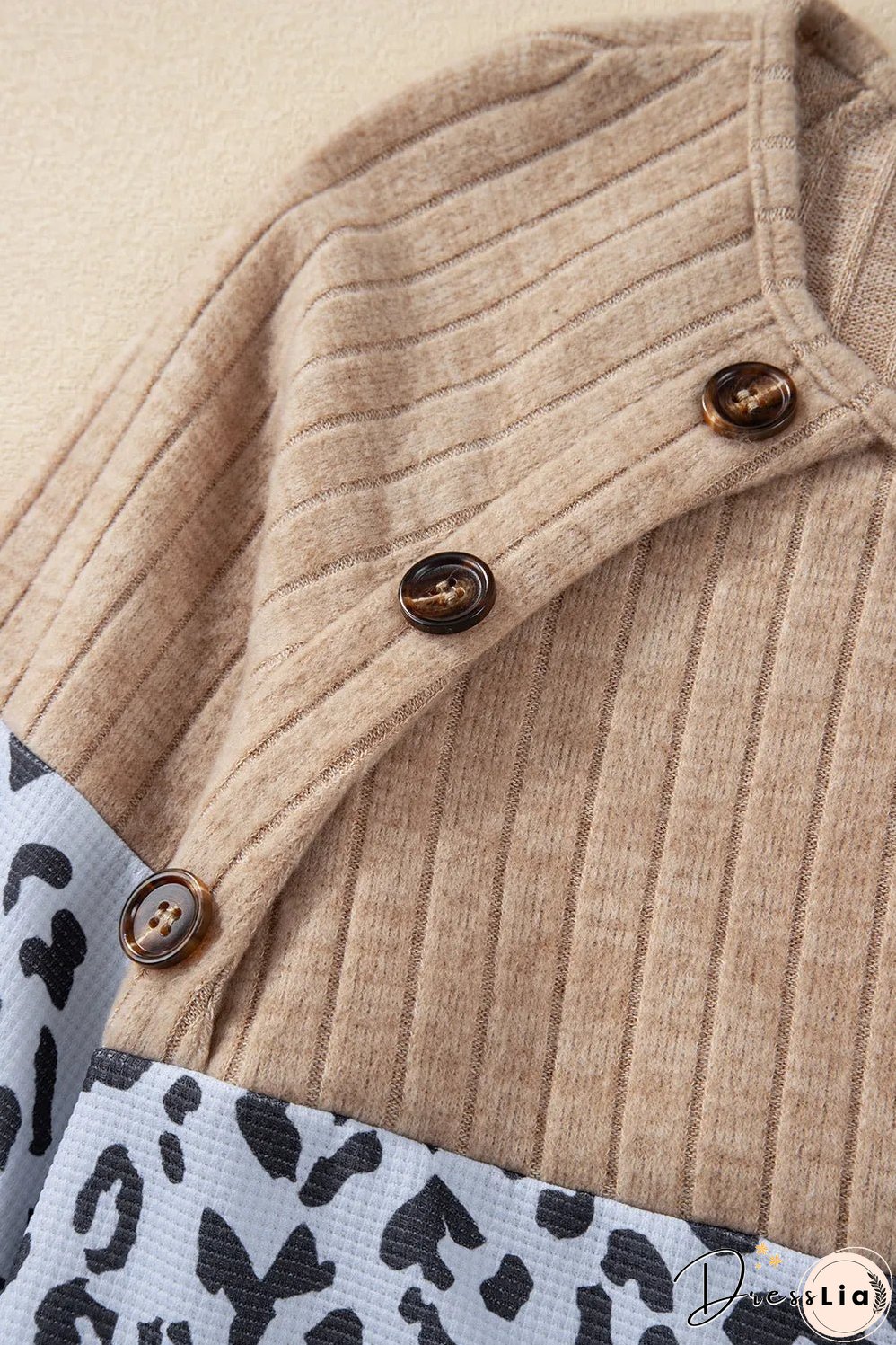 Black Cheetah Textured Patchwork Buttoned Round Neck T Shirt