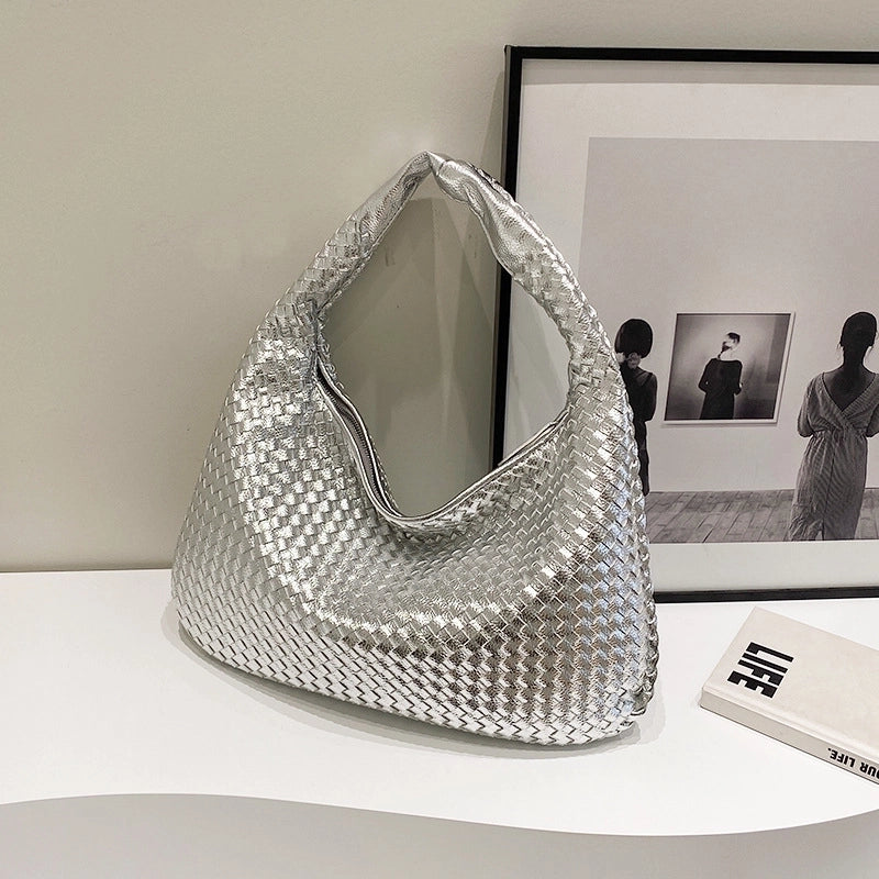 Women’s Medium Pu Leather Solid Color Streetwear Weave Dumpling Shape Zipper Handbag