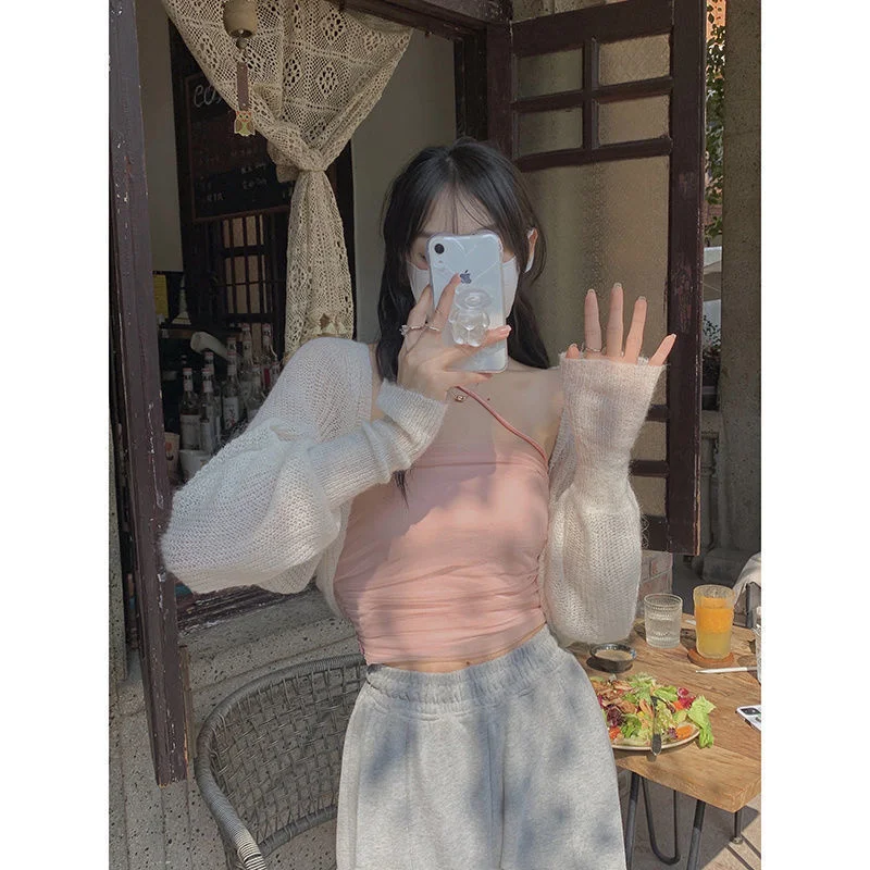 Uveng Uveng Neck Top Female Pure Lust Wind Hot Girl Tight Short Mesh Yarn Irregular Sling Vest Set On The Bottom Shirt Summer