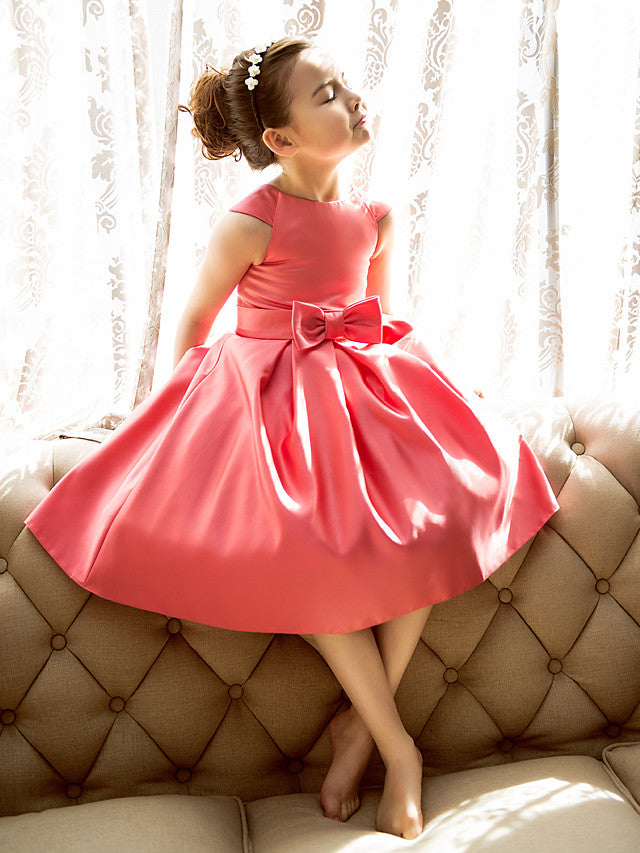 Oknass  A-Line Short Sleeve Jewel Neck Flower Girl Dresses Satin With Bow