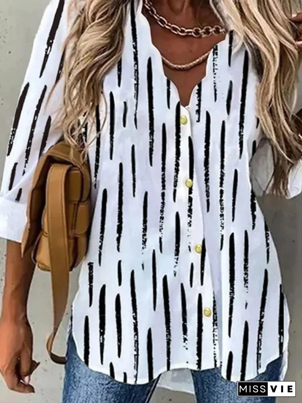 V Neck Striped Long Sleeve Casual Blouse