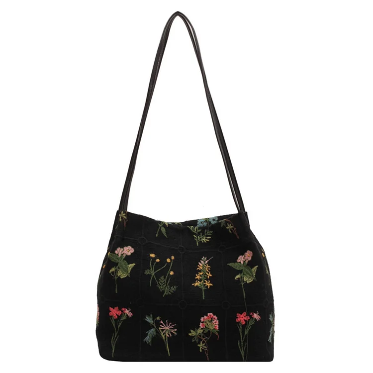 Women Embroidered Handbag Hasp Closure Canvas Retro Floral Bag Ladies Dating Bag