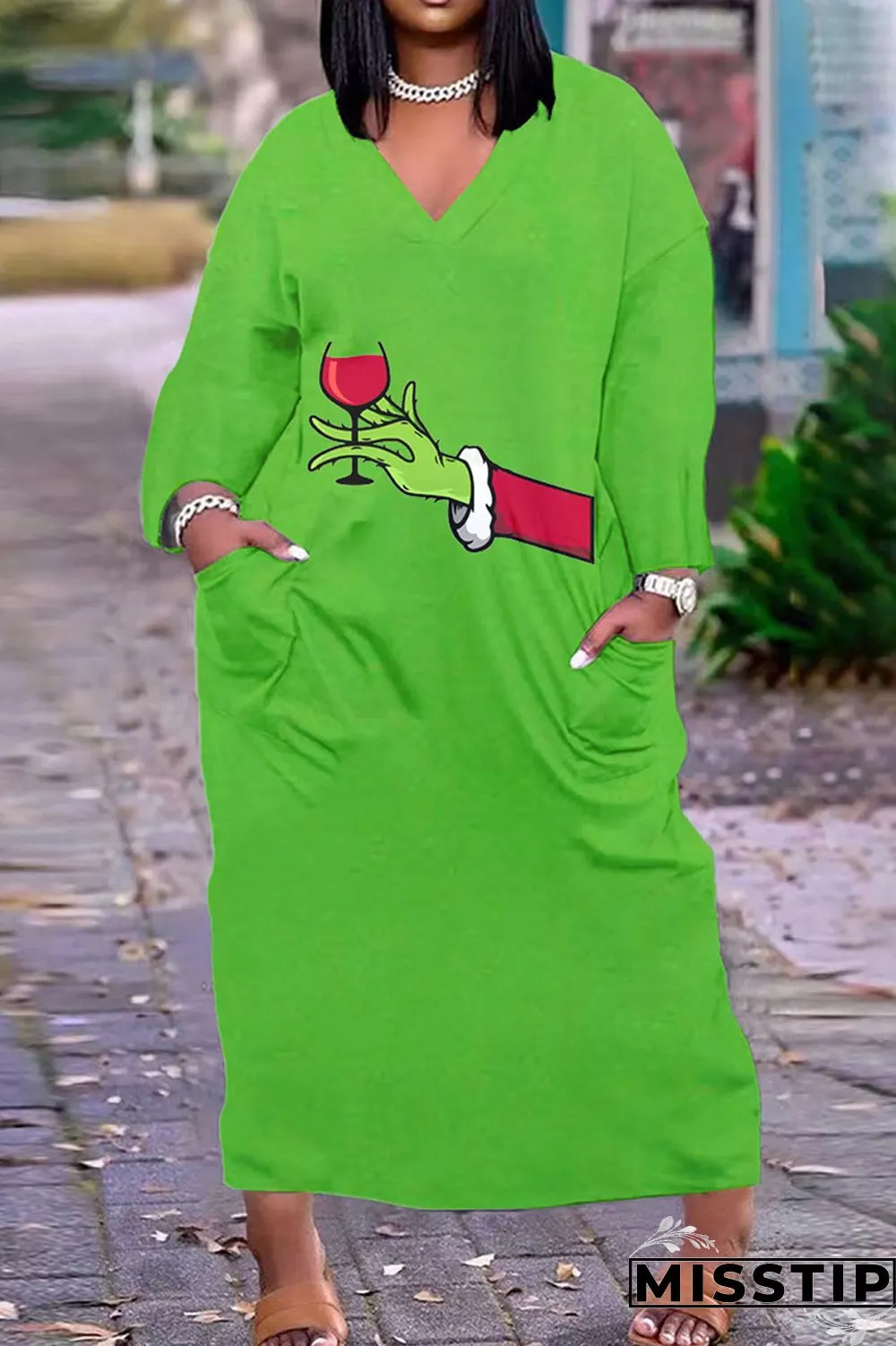 Green Yellow Casual Print Patchwork V Neck Straight Dresses