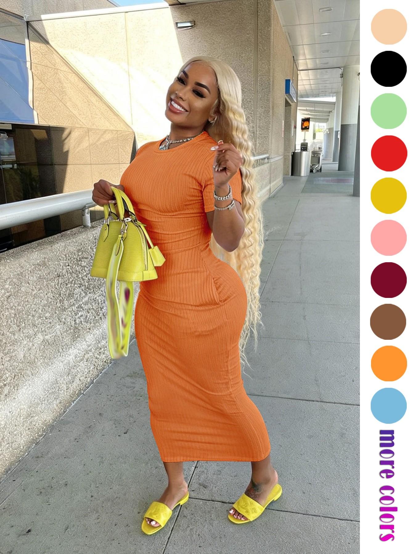 Threaded Elastic Solid Color Bodycon Dress, Breathable Elastic Party Outing Travel Pocket Long Dress, Summer Dress, Everyday Casual Wear, Womenswear