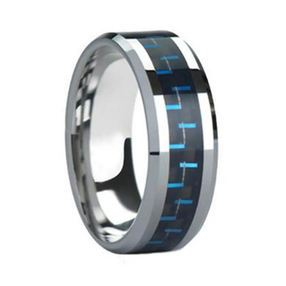 6MM 8MM Mens Blue Carbon Fiber Tungsten Rings Beveled Edge