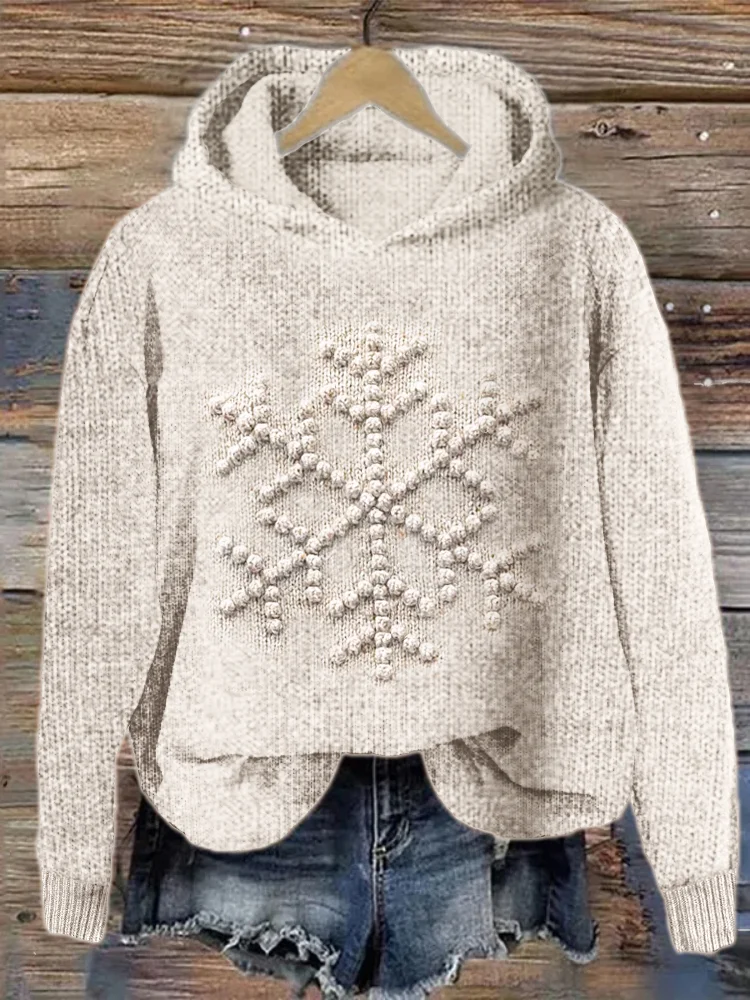 VChics Snowflake Crochet Jacquard Cozy Knit Hoodie