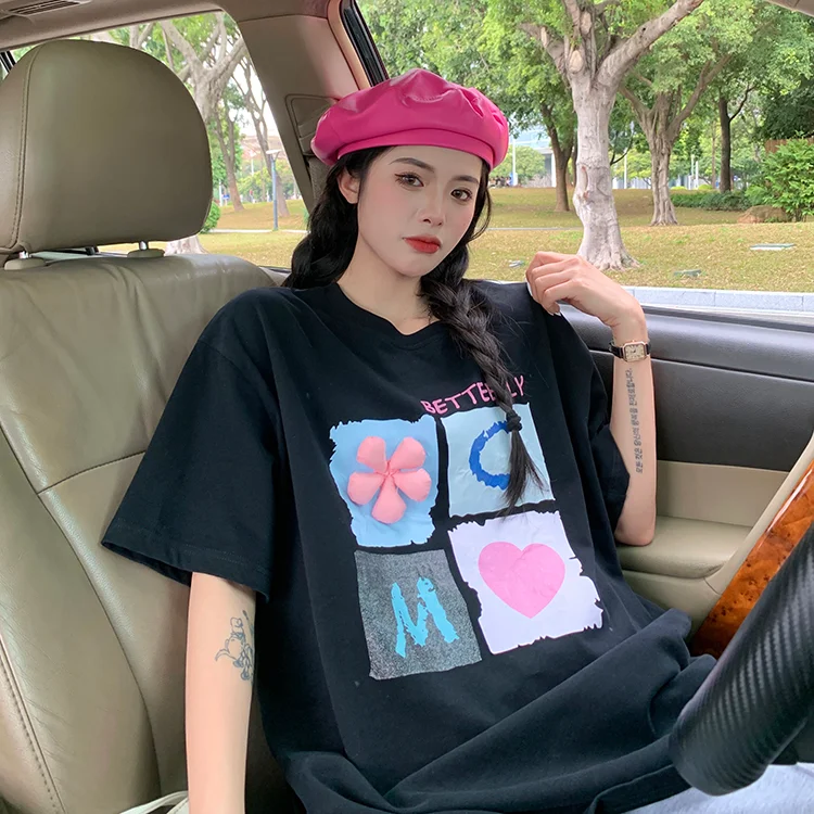 Loose Casual Three-Dimensional Floral Stitching Personalized Minority Solid Color Shirt