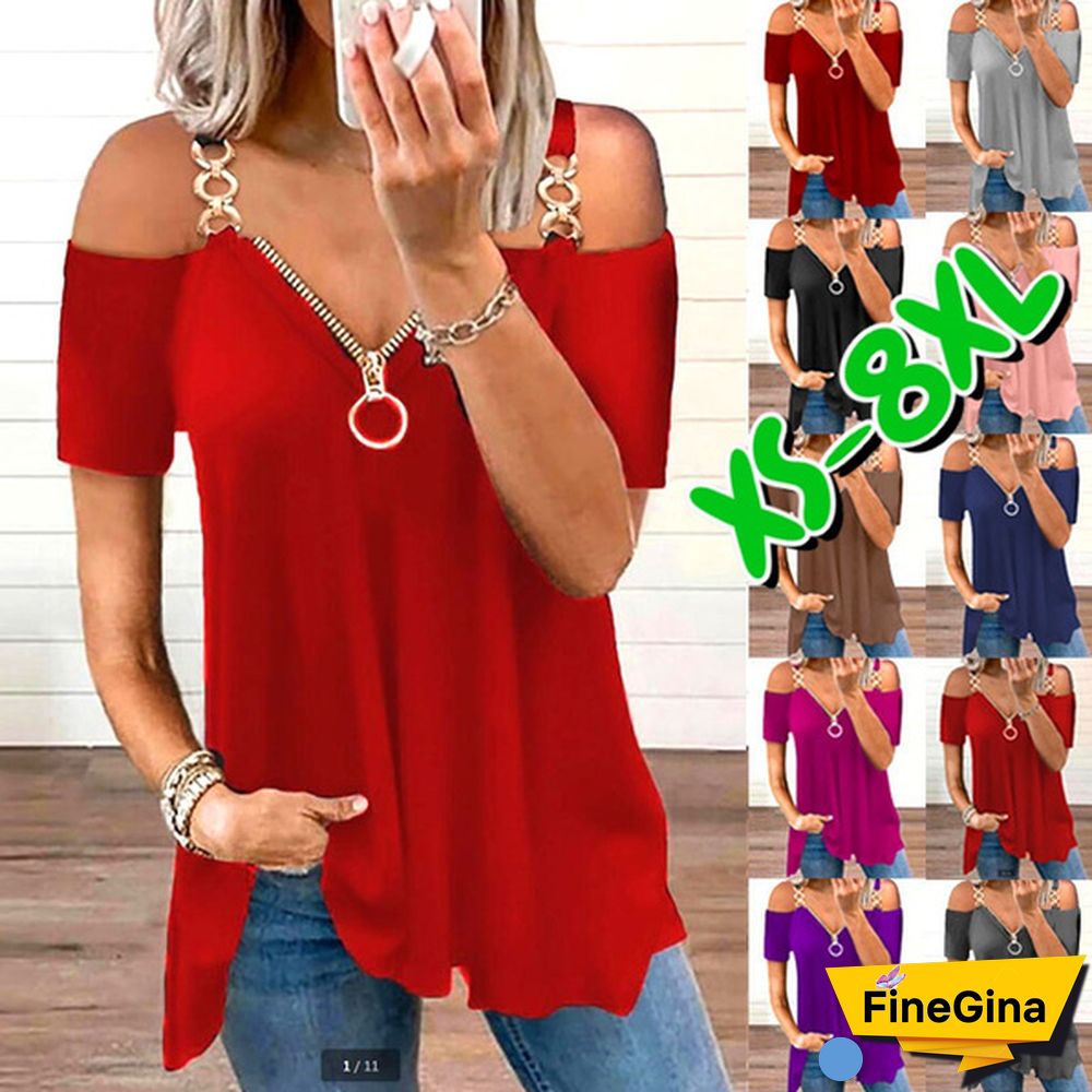 XS-8XL Spring Summer Tops Plus Size Fashion Clothes Women's Casual V-neck Blouses Off the Shoulder Tops Short Sleeve Tee Shirts Ladies Solld Color Loose T-shirt String Strap Tops Cotton T-shirt