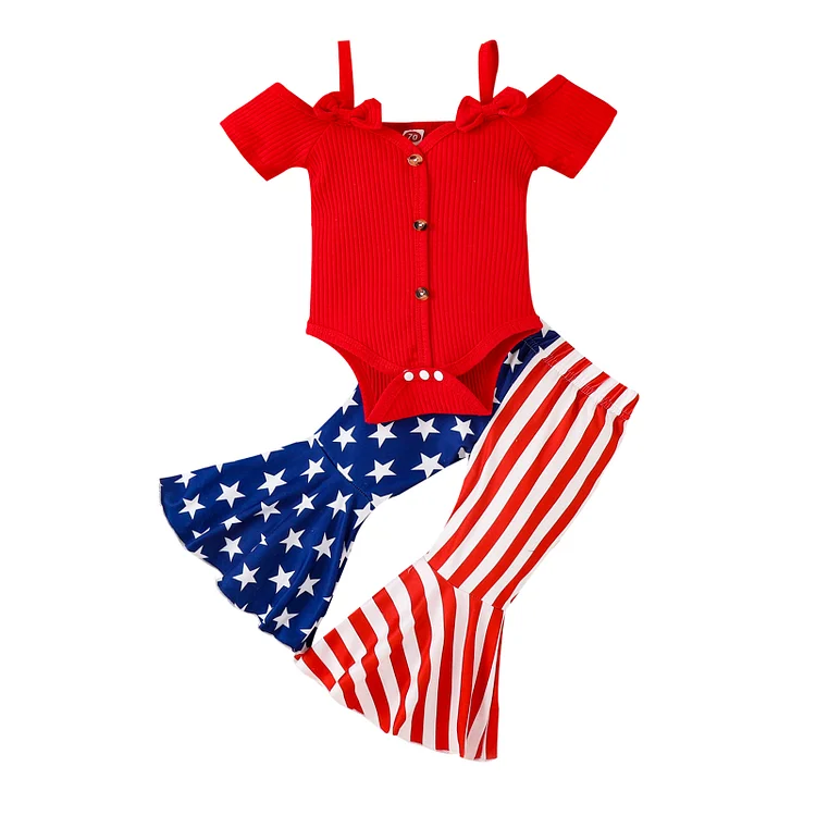 Baby Girls Kids Dance Set 3pcs Bodysuits+Flare Pants+Headband 4th of July Set