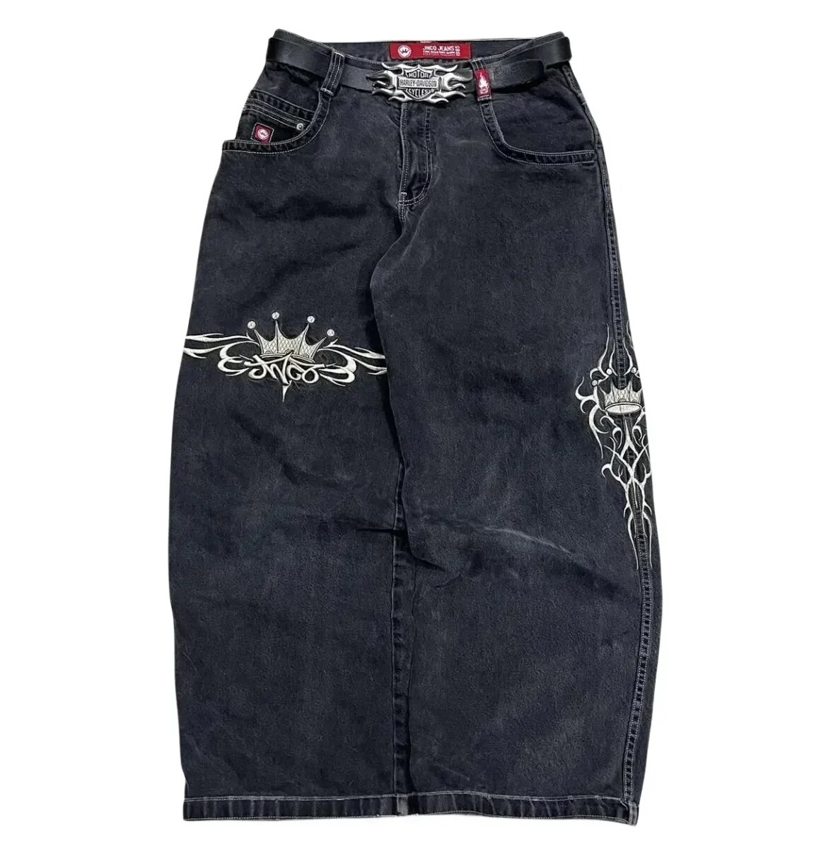 Spontork Retro Skull Graphic Embroidered JNCO Jeans New Harajuku Hip Hop Baggy Jeans Denim  Pants Men Women Goth High Waist Wide Trousers Pants