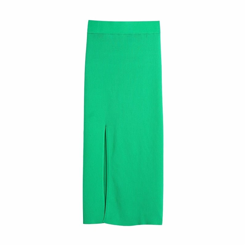 TRAF Women Chic Fashion Front Slit Ribbed Knit Midi Skirt Vintage High Elastic Waist Female Skirts Mujer