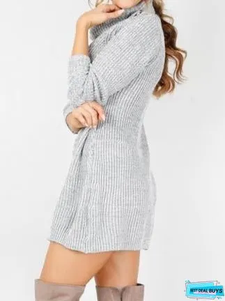 Fashion Long Sleeve Casual High Neck Striped Knit Sweater Dress