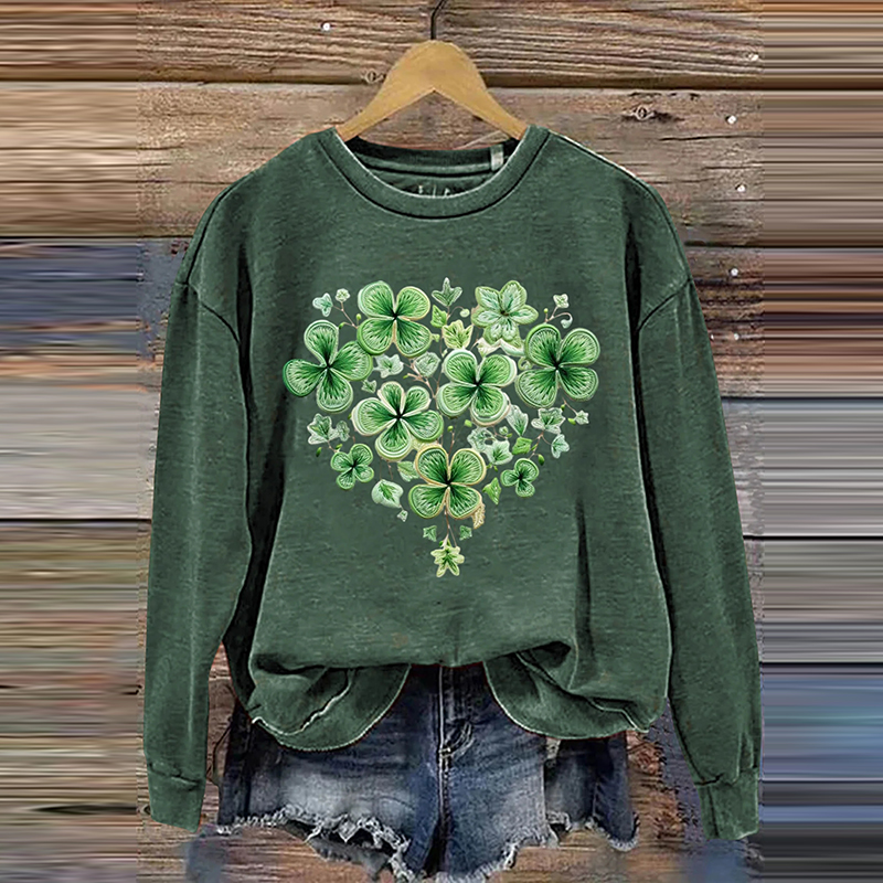 St. Patrick's Day Shamrock Four Leaf Clover Art Design Print Casual Sweatshirt wearshes