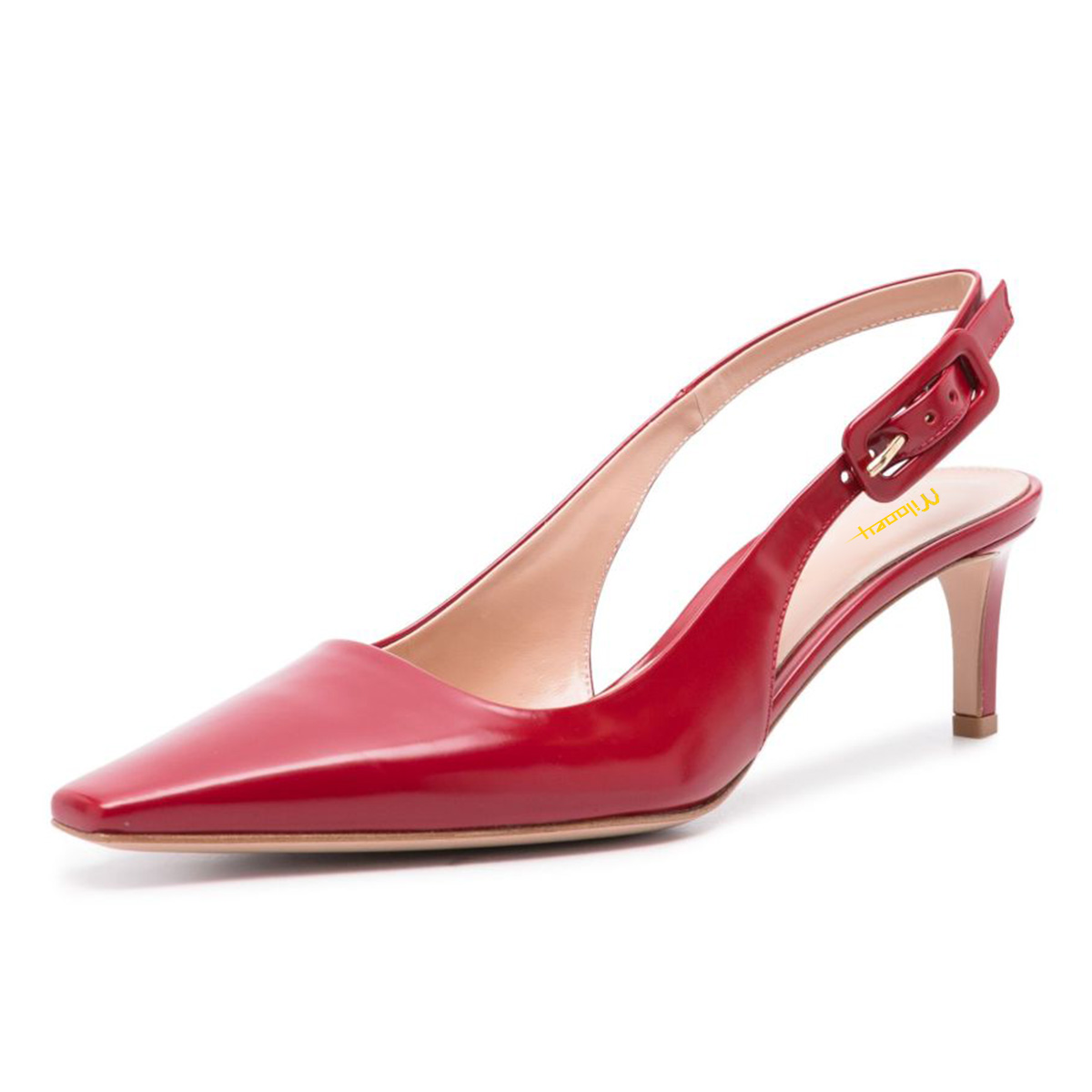 Women's Faux Leather Square Toe Buckle Red Slingback Kitten Heels Nicepairs
