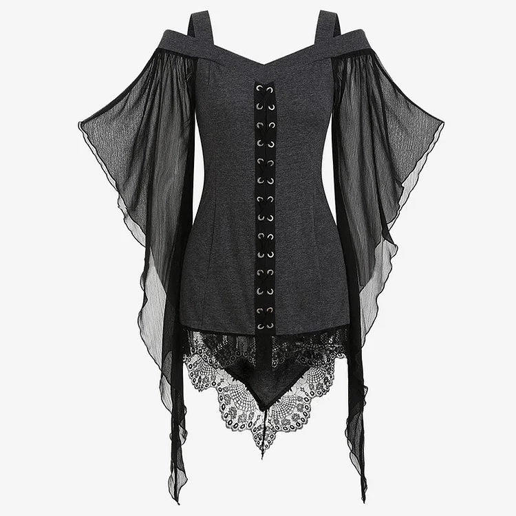 Lace Up Irregular Sleeve Slip Shirt - Modakawa Modakawa
