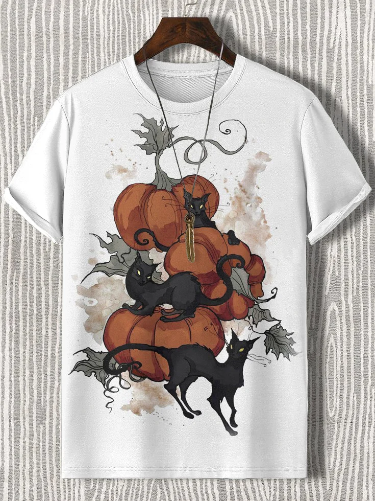 Men's Halloween Pumpkin Black Cat Illustration Print T-Shirt