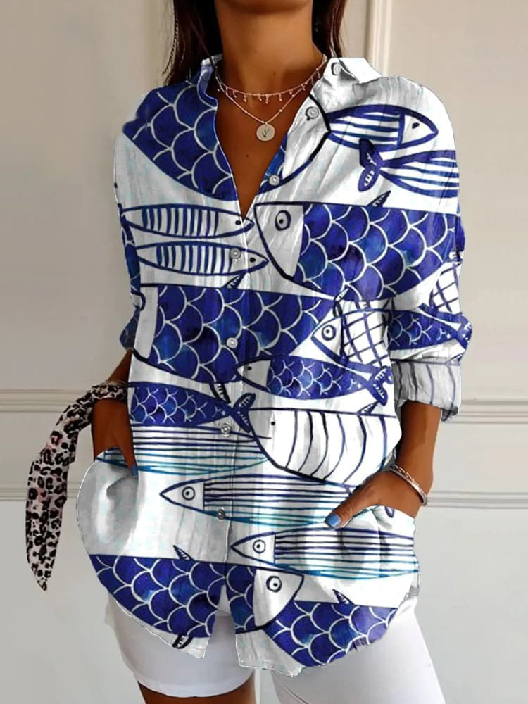 Women's Fish Art Print Casual Cotton Shirt