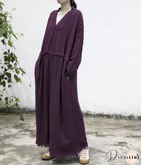 Women Loose Autumn Cotton Linen Ripped Retro Trench Coat Outerwear