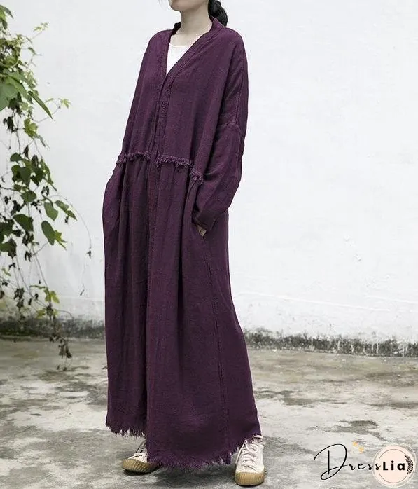 Women Loose Autumn Cotton Linen Ripped Retro Trench Coat Outerwear