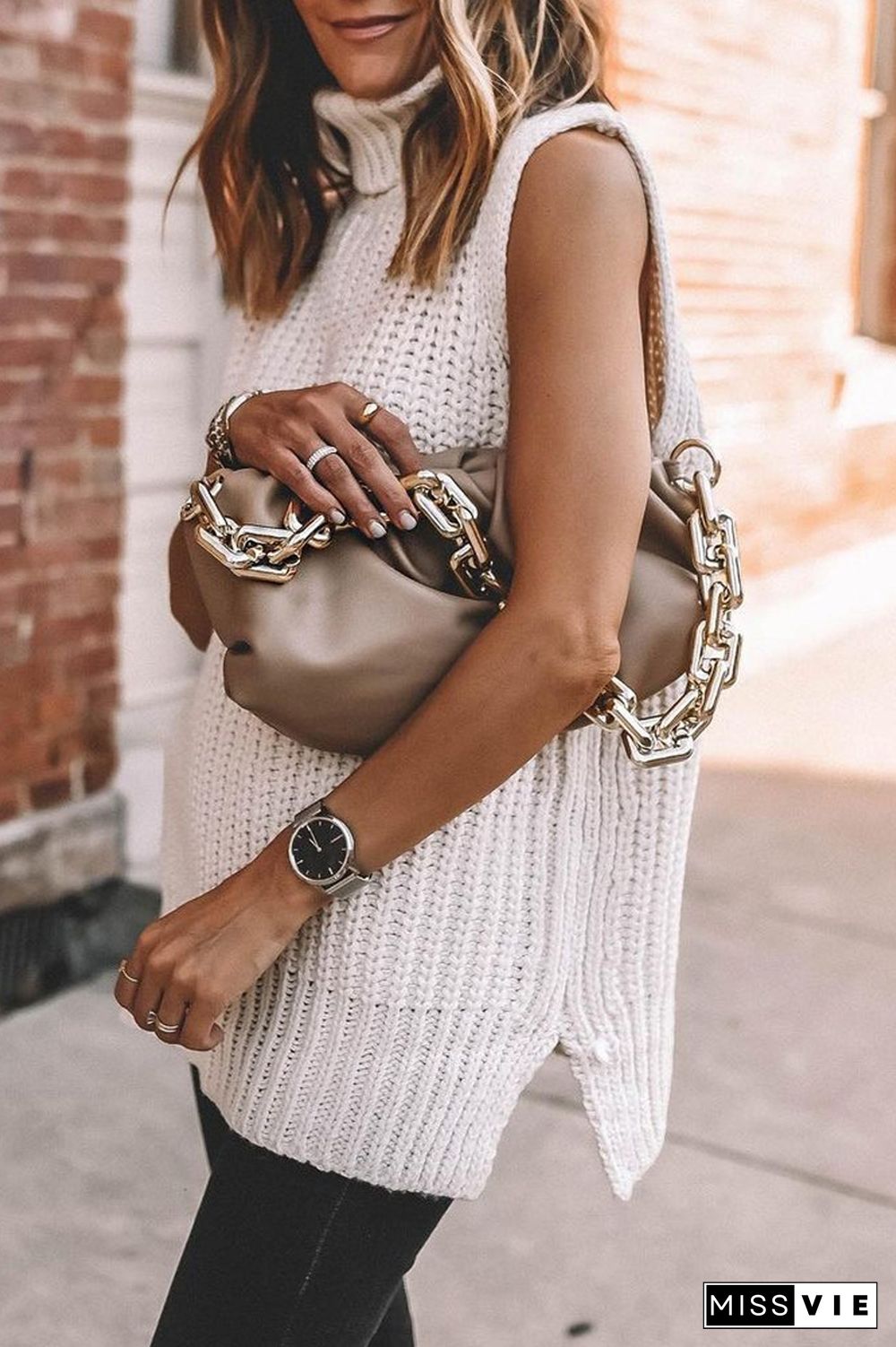 Turndown Collar Sleeveless Casual Sweater