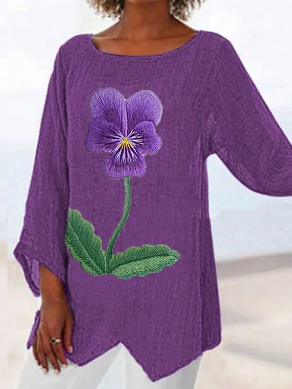 Women's Purple Flower Print Irregular Hem Casual Shirt