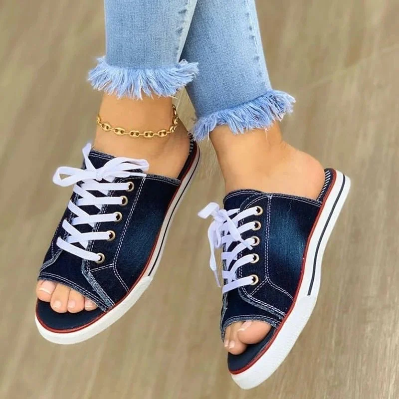 2022 Fashion Women Canvas Sandals Breathable Summer Slippers Lace Up Open Toe Ladies Faux Denim Flat Shoes Zapatos Mujer