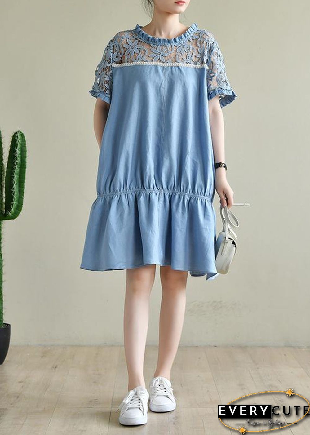 Chic o neck patchwork lace summer dress light blue Dresses