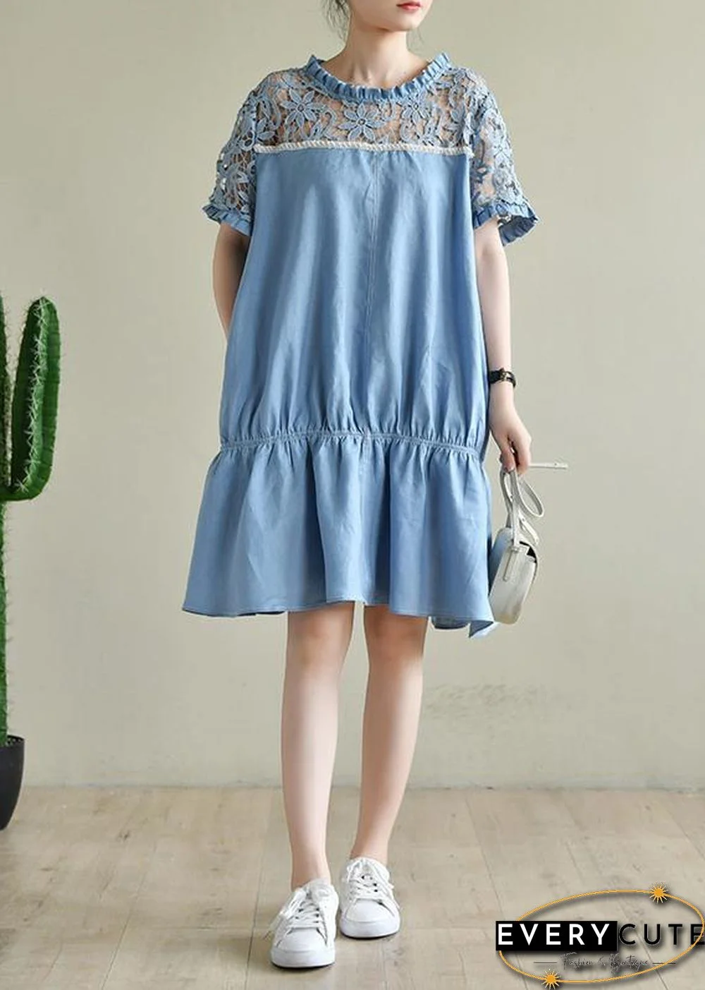 Chic o neck patchwork lace summer dress light blue Dresses