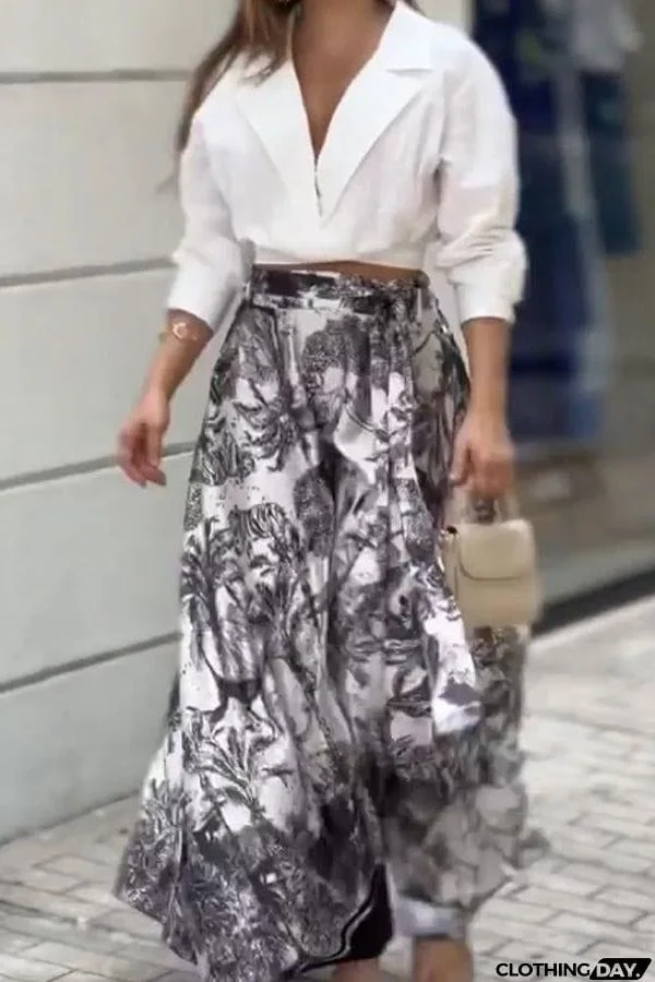 Fashion Short Shirt Print Long Skirt Set