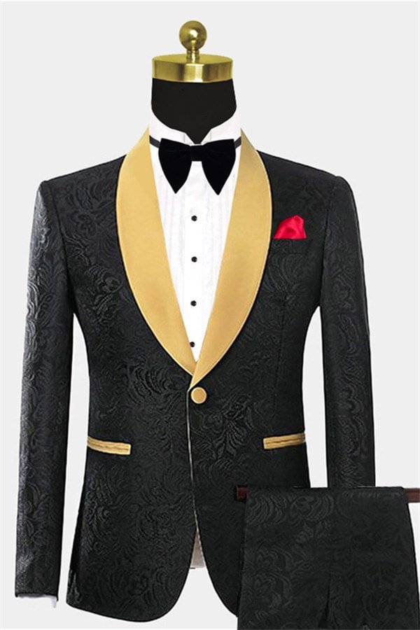 Black One Button Prom Suits Jacquard Tuxedo with Two Pieces | Ballbellas Ballbellas