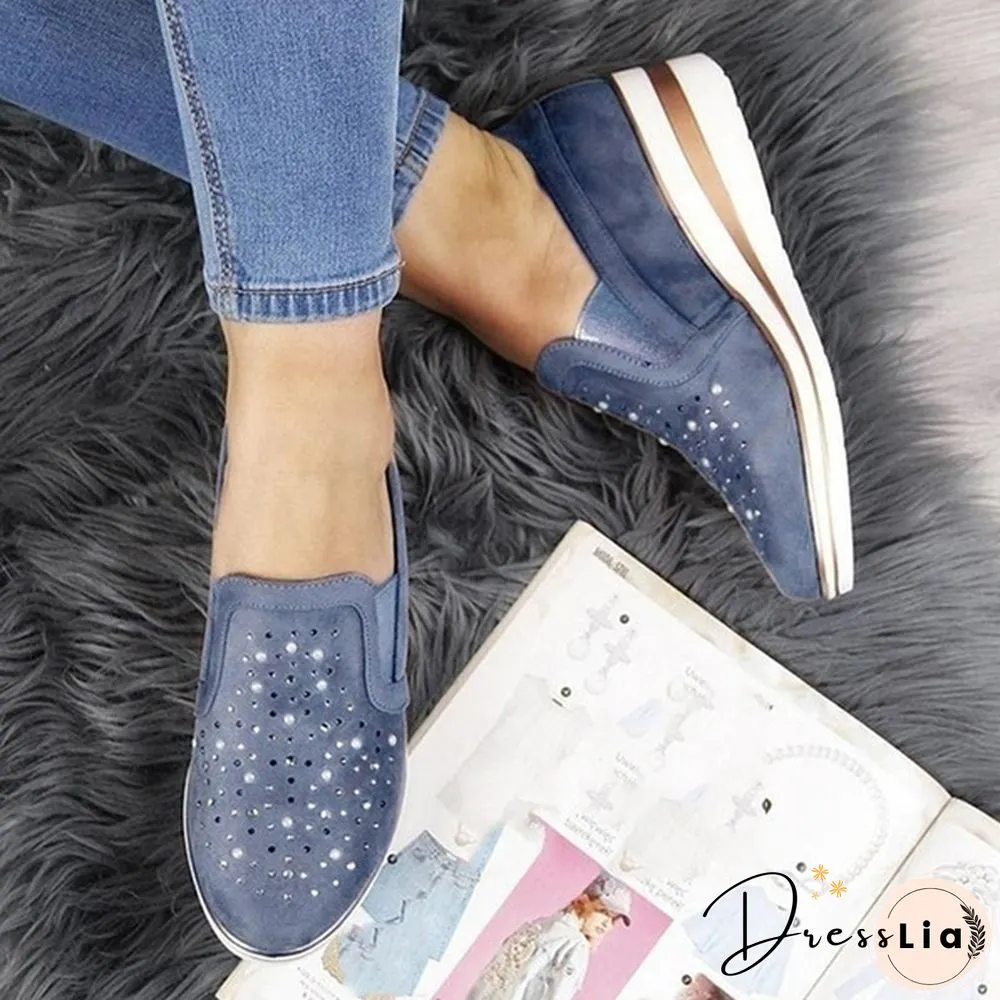 Women Casual Thick Sole Single Shoes Rhinestones Sandals Breathable Wedge Shoes