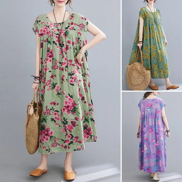Women Summer Short Sleeve Crew Neck Loose Baggy Floral Printed Long Midi Shirt Dress Holiday Plus