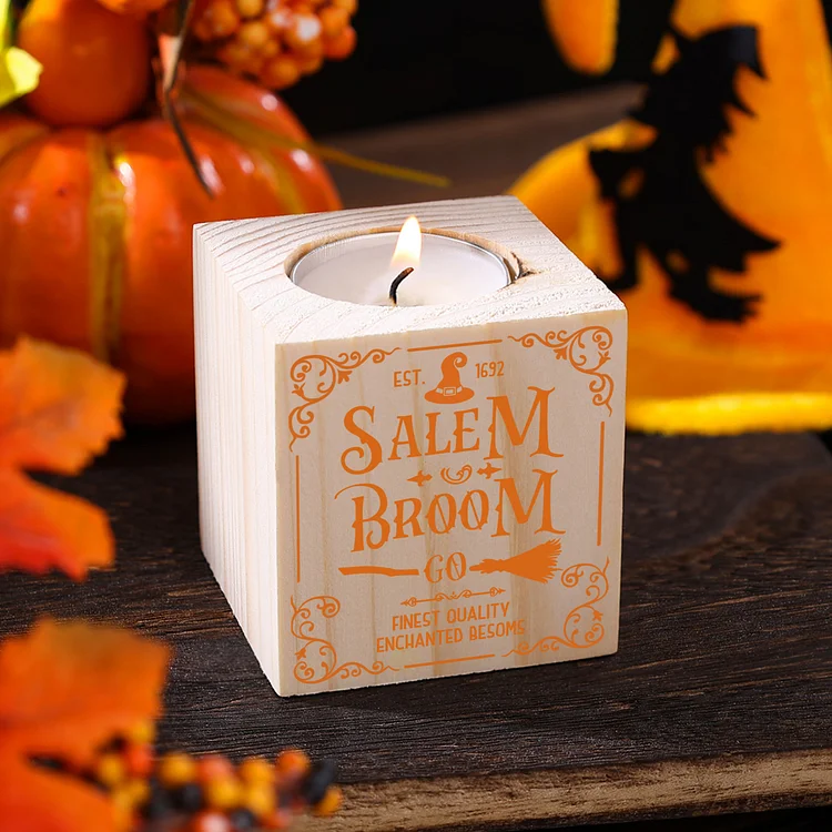 Halloween Wooden Candle Holder Block Candlesticks Salem Broom Candle Holder Halloween Decoration Gift for Family Friends
