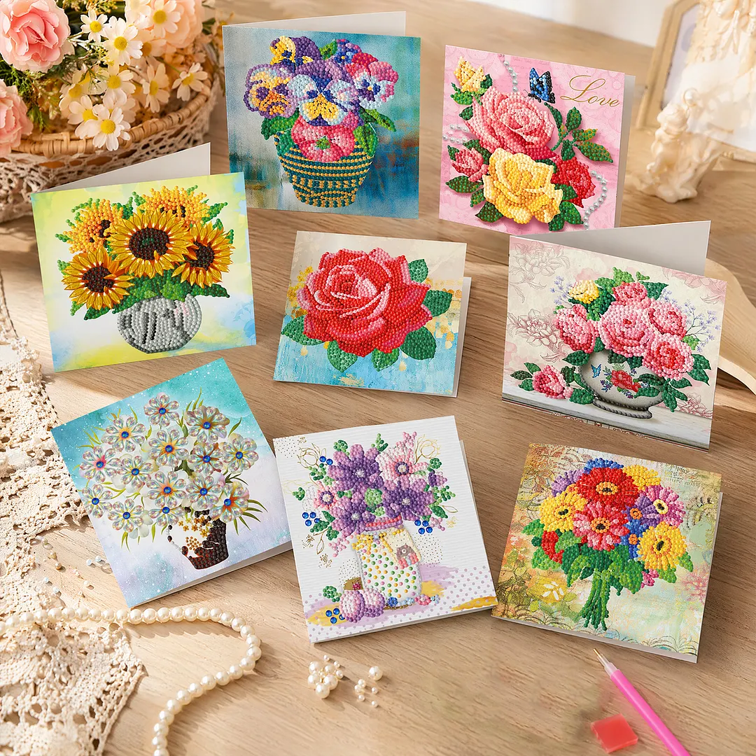 8PCS Vase DIY Diamond Painting Greeting Card Kits with Envelopes Diamond Art Greeting Cards Diamond Art Cards Kits for Adults DIY Crafts Family Friend Gifts